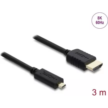 Cable HDMI DELOCK 81692 — 3 m, HDMI Type-A (estándar) a HDMI Type-D (Micro), 48 Gbit/s, hasta 7680×4320, contactos dorados, negro