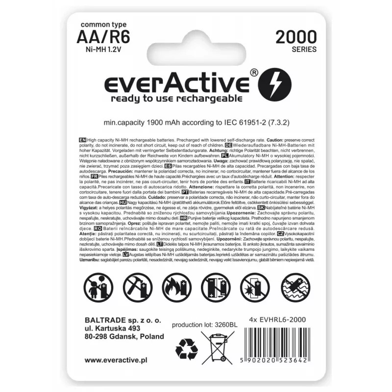Pila doméstica recargable everactive EVHRL6-2000 AA níquel-metal hidruro (NiMH)