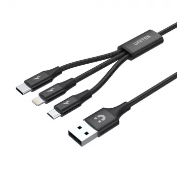 Cable USB Unitek C14049BK — USB-C a Micro-USB B/Lightning, USB 2.0, 1,2 m, negro