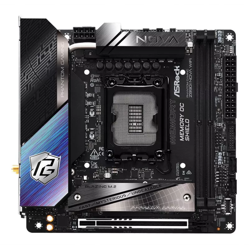 Placa base ASRock Phantom Gaming Z890I Nova WiFi — Intel Z890, LGA 1851, Mini-ITX, DDR5, 2x M.2, Wi‑Fi 6E/7, 5Gb LAN, Thunderbolt