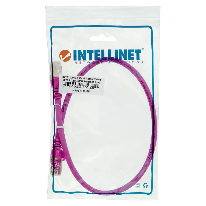 Cable de red patch Intellinet, Cat6, 0,5 m, rojo, cobre, S/FTP, LSOH / LSZH, PVC, RJ45, contactos bañados en oro, funda antirrotura, con funda, garantía de por vida