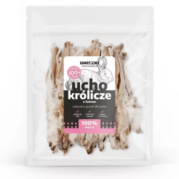 Artículo masticable para perros UNISZKI oreja de conejo con pelo — 20 uds., sabor natural a conejo, bolsa de 201–499 g