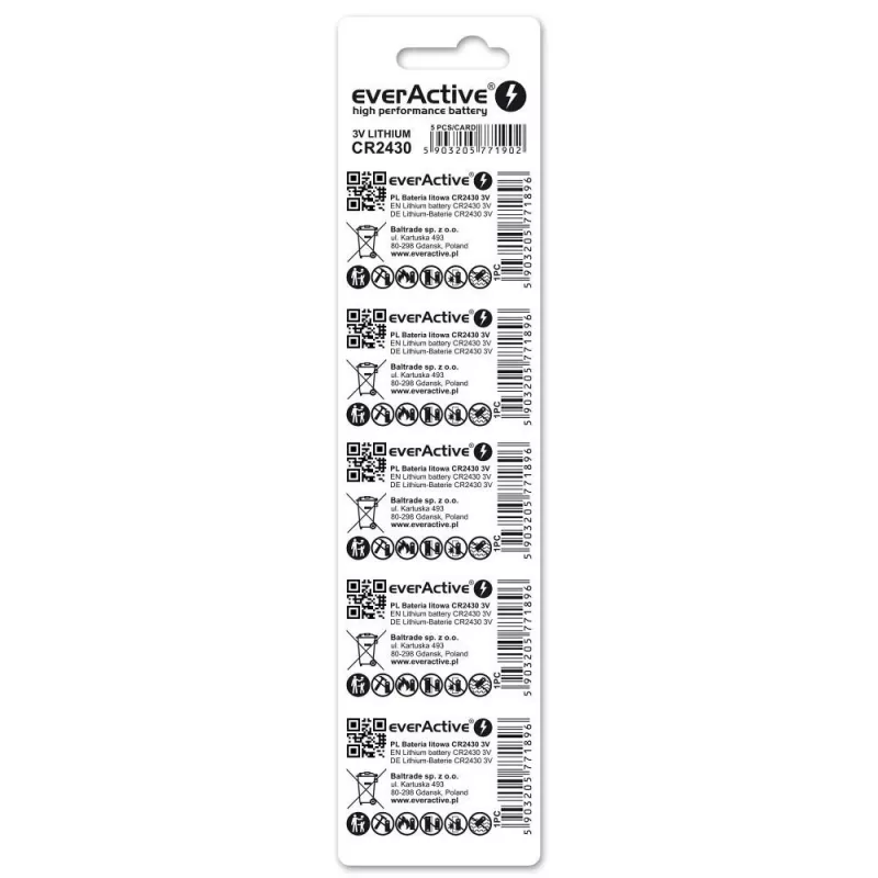 everActive CR2430 CR24305BL pila de botón de litio 3 V, 300 mAh, pack de 5
