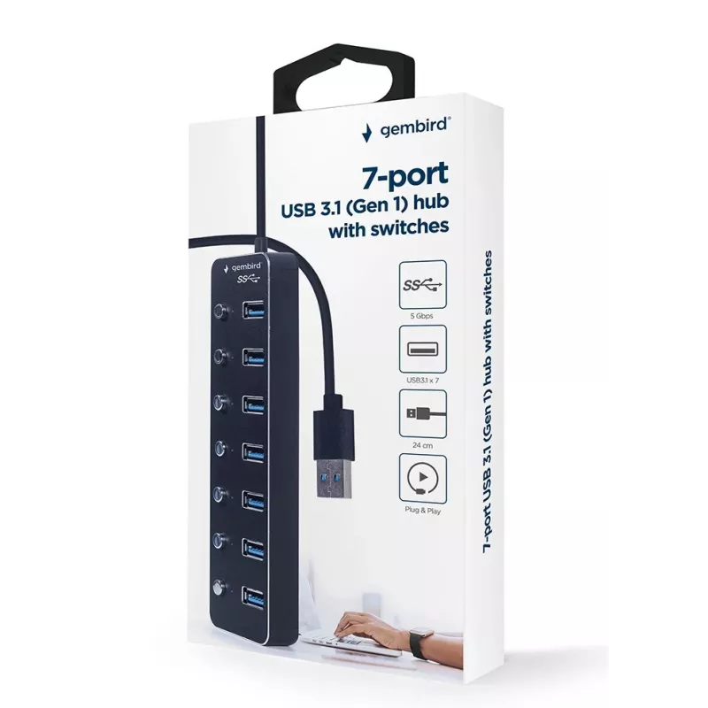 Hub USB Gembird UHB-U3P7P-01, 7 puertos USB 3.2 Gen 1 (Type-A), cable de 0,24 m, negro