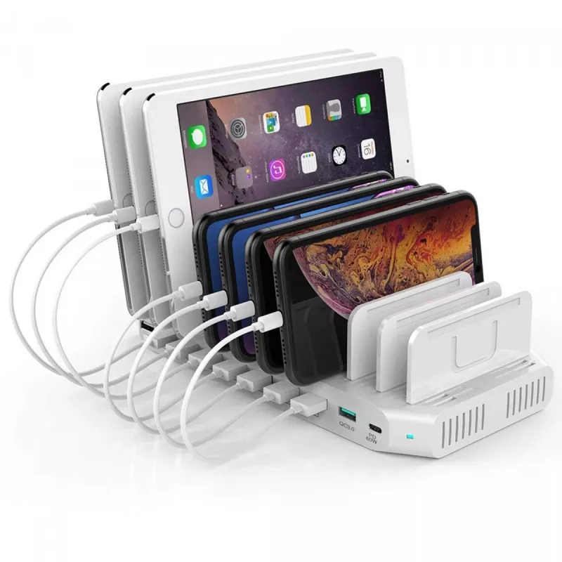 Estación de carga Unitek Y-2190A — 10 puertos USB (8×USB2.0 + 2×USB3.2 Gen1), carga inalámbrica, 96 W de potencia total