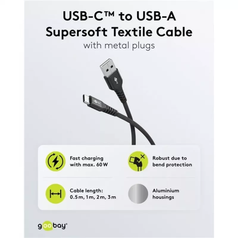 Goobay cable USB-C Fabric Supersoft con conectores metálicos, 2 m, negro (2m, USB 2.0, 60W), cable USB