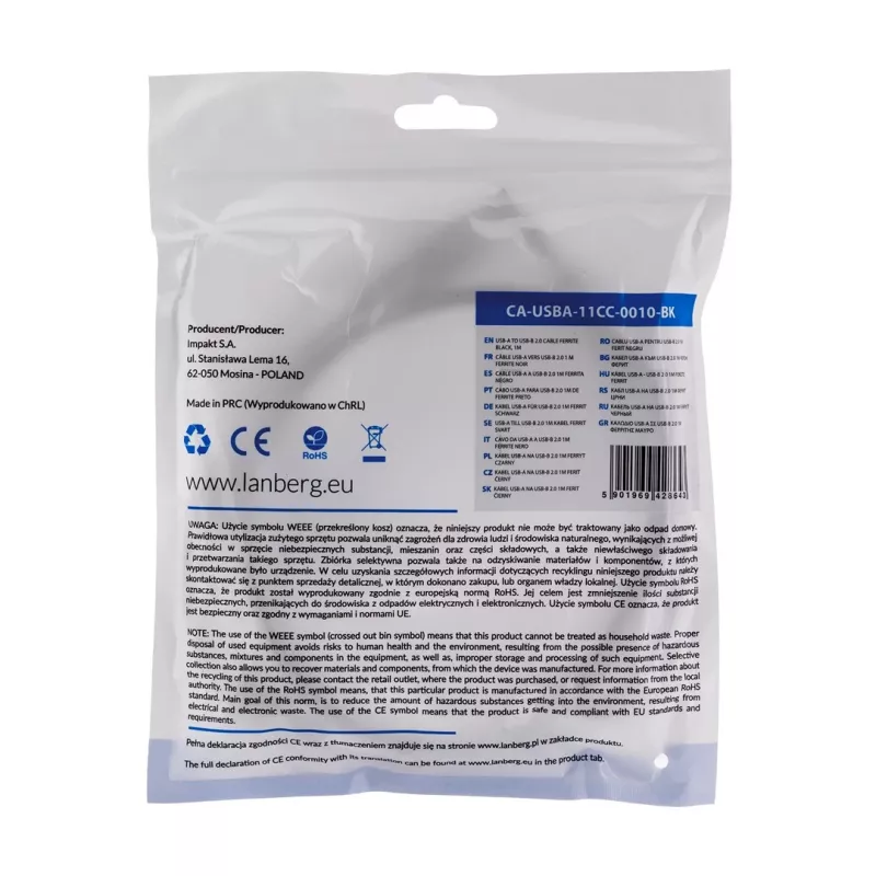 Cable USB Lanberg CA-USBA-11CC-0010-BK 1 m 2.0 USB B negro