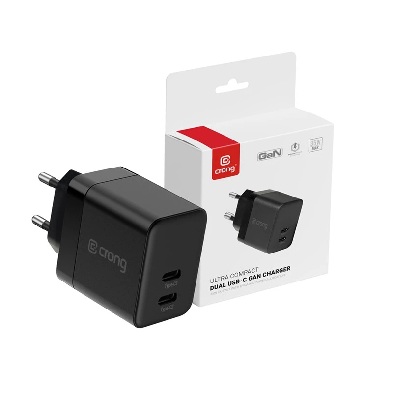 Cargador de pared Crong Ultra Compact GaN 35W PD 3.0 2x USB-C (negro)