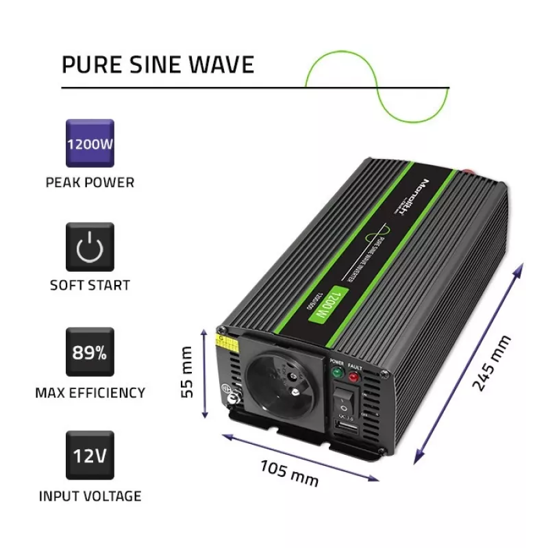 Inversor para coche Qoltec Monolith 1200 W Negro 12 V