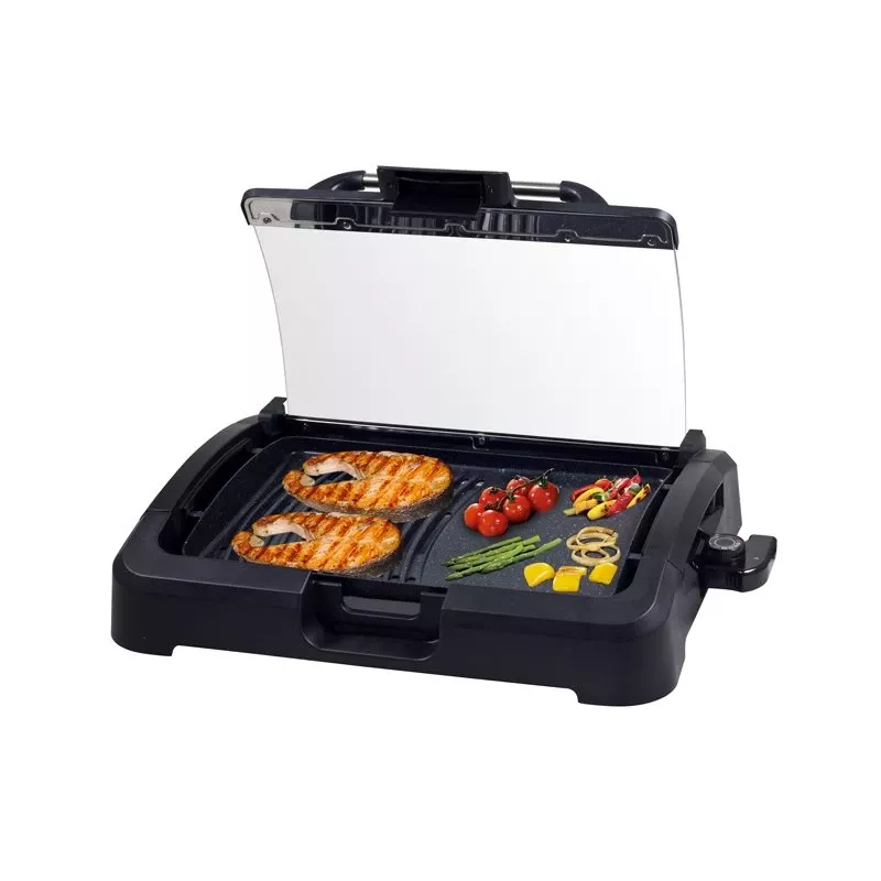Beper 90.871 barbacoa eléctrica, placa antiadherente de 39 x 29 cm, tapa de cristal, 2200 W, negra