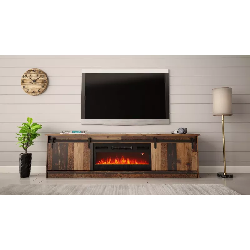 Mueble TV Cama Meble GRANERO con mueble de chimenea, 2000×567×350 mm, tablero de partículas/MDF, 2 puertas correderas, mate, madera vieja