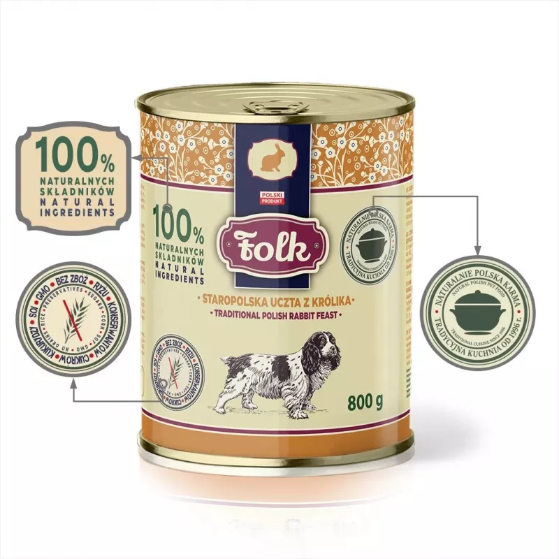 FOLK Tradicional festín de conejo polaco - Comida húmeda para perros - 800g
