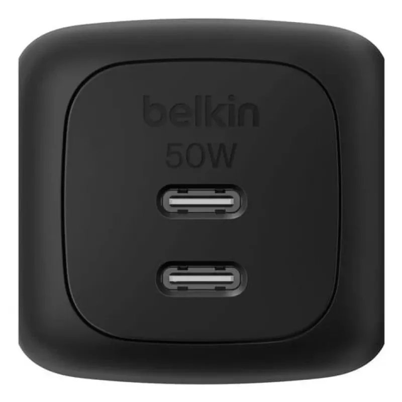 Cargador rápido AC de interior Belkin WCH019kqBK — 2× USB‑C, negro, protección OVP/OC/OT/SC