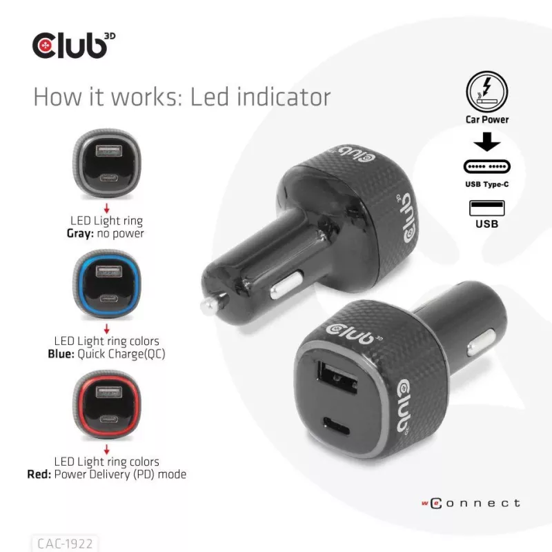 Cargador de coche para portátil CLUB3D 63 vatios, Coche, Mechero, 24 V, Negro