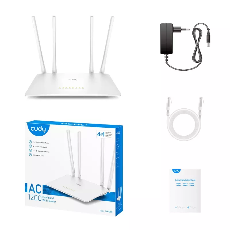Router de sobremesa Cudy WR1200 doble banda Wi‑Fi 5 (802.11ac) 867 Mbit/s, 4x RJ‑45 LAN, blanco