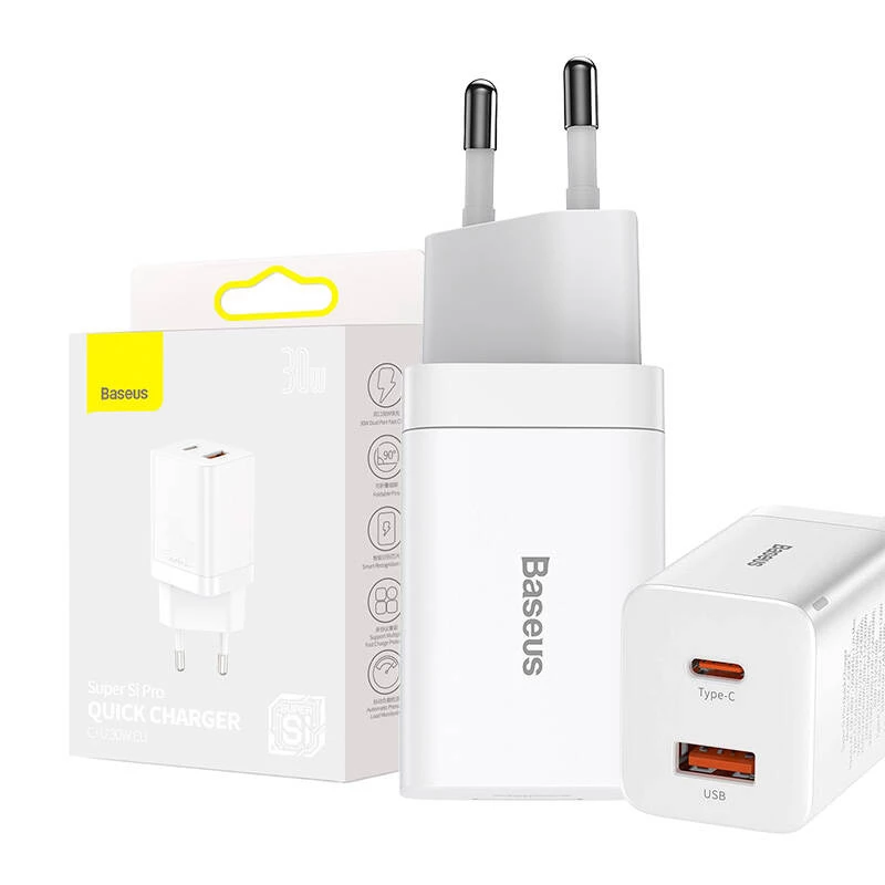 Cargador rápido Baseus Super Si Pro USB + USB-C 30W (blanco)