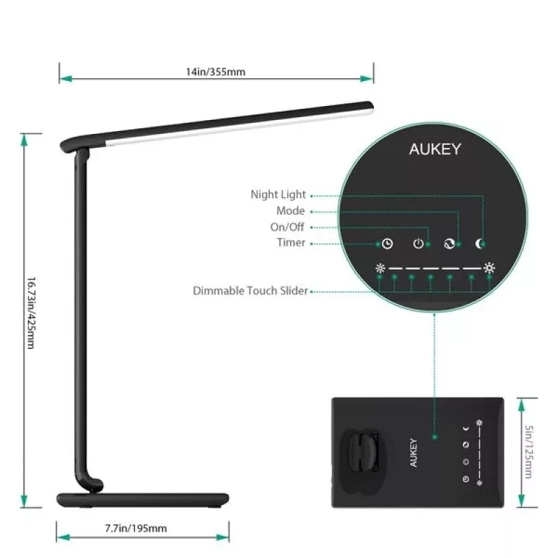 Lámpara de escritorio LED Aukey LT-T10 12W 3000–6500K — temperatura de color ajustable, negra