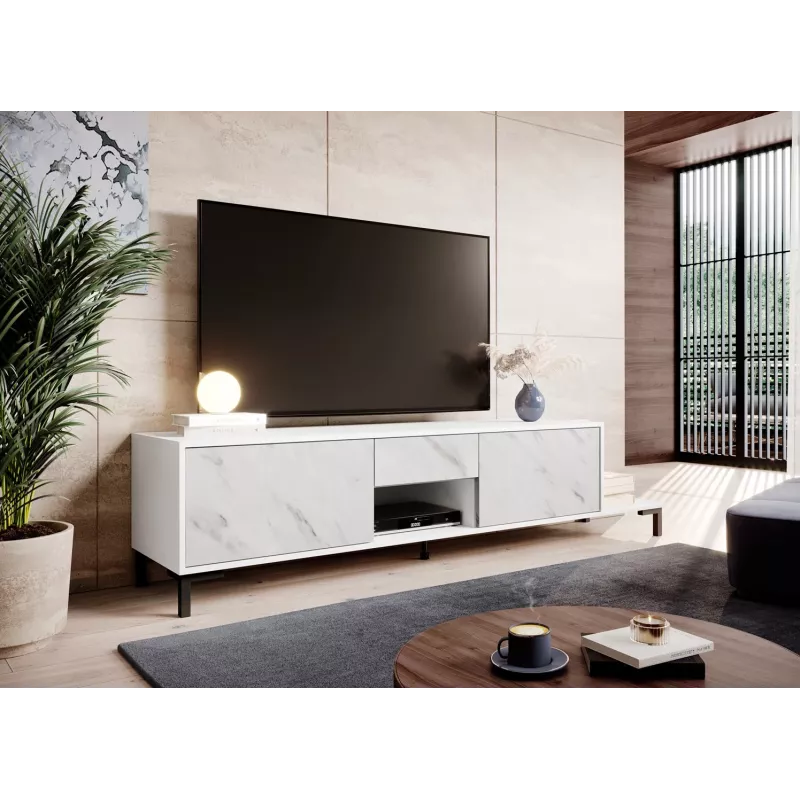 Mueble de TV Cama Meble MARMO 2D1S1K, 195x40x47,5 cm, blanco mate/superficie superior blanco mármol