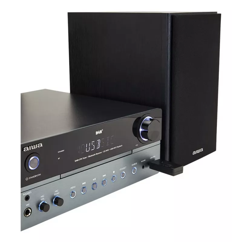 Microcadena de audio doméstico Aiwa MSBTU-700DAB — 25 W RMS, DAB+/FM, Bluetooth 10 m, bandeja CD, indicador LED, negro/azul ártico