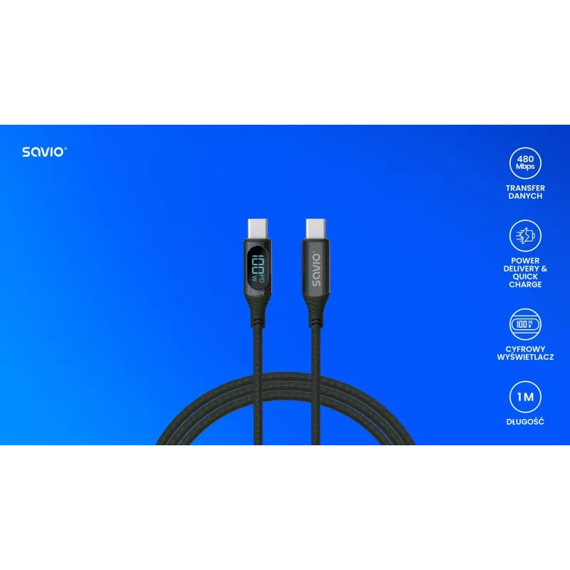 Savio CL-174 cable USB-C a USB-C, 100 W, Power Delivery/Quick Charge, pantalla digital, 1 m, verde