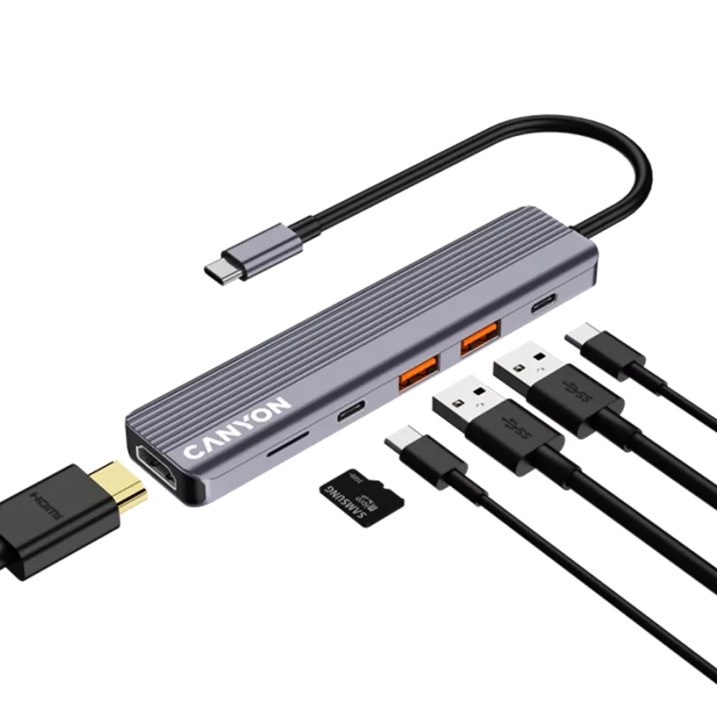 Hub USB Type-C CANYON DS-17 — HDMI, USB 3.2 Gen 1 A, USB-C, MicroSD, 10000 Mbit/s, gris