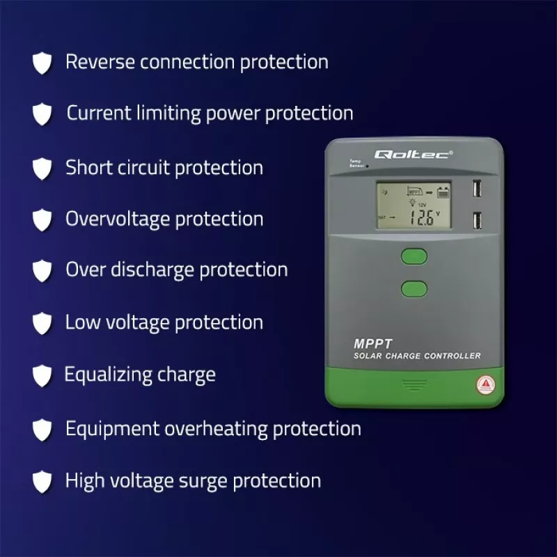 Regulador de carga solar MPPT QOLTEC 10A para sistemas de 12V/24V con pantalla LCD
