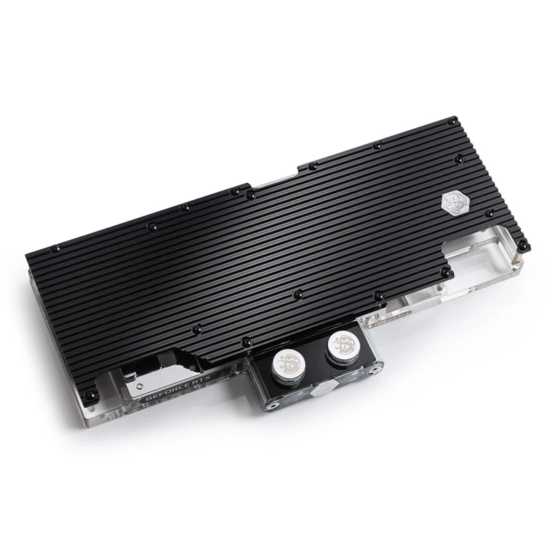 Bloque de agua y backplate para GPUs BitsPower BP-VG3090EVXC3 — acrílico, cobre, acero niquelado, 125,4 × 263,7 × 25 mm