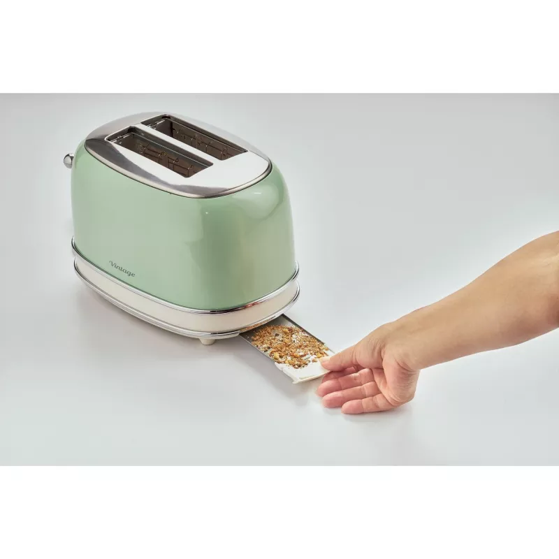 Tostadora Ariete 155 Design de 2 ranuras con cestillos para sándwich, 6 niveles de tostado, 810 W, carcasa de acero inoxidable, bandeja recogemigas extraíble, verde pastel