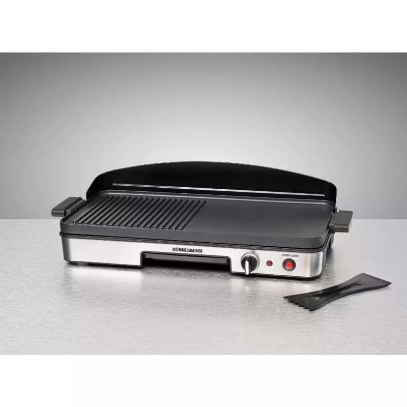 Parrilla eléctrica de mesa Rommelsbacher BBQ 2003 — 1900 W, 50×25 cm, estriada + teppanyaki, termostato continuo, plateado/negro