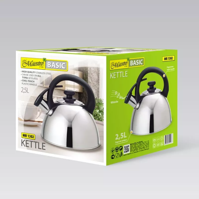 Hervidor Maestro MR1302 acero inoxidable 2,5 L, apto para inducción, silbato con tapa abatible, asa negra