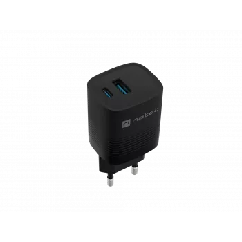 Cargador con cable para dispositivos móviles NATEC NUC-2141, 30W, USB-C PD 3.0 + USB-A QC 3.0, 110–240V, negro