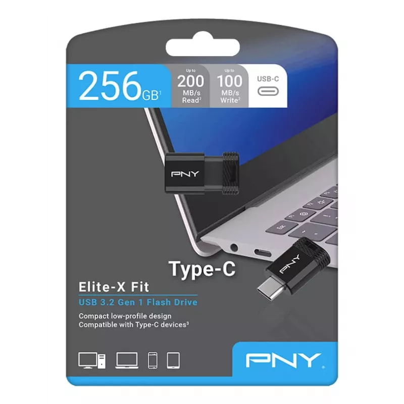 Memoria USB PNY Elite-X 256 GB USB Type-C 3.2 Gen 1 (lectura 200 MB/s, escritura 100 MB/s) negra
