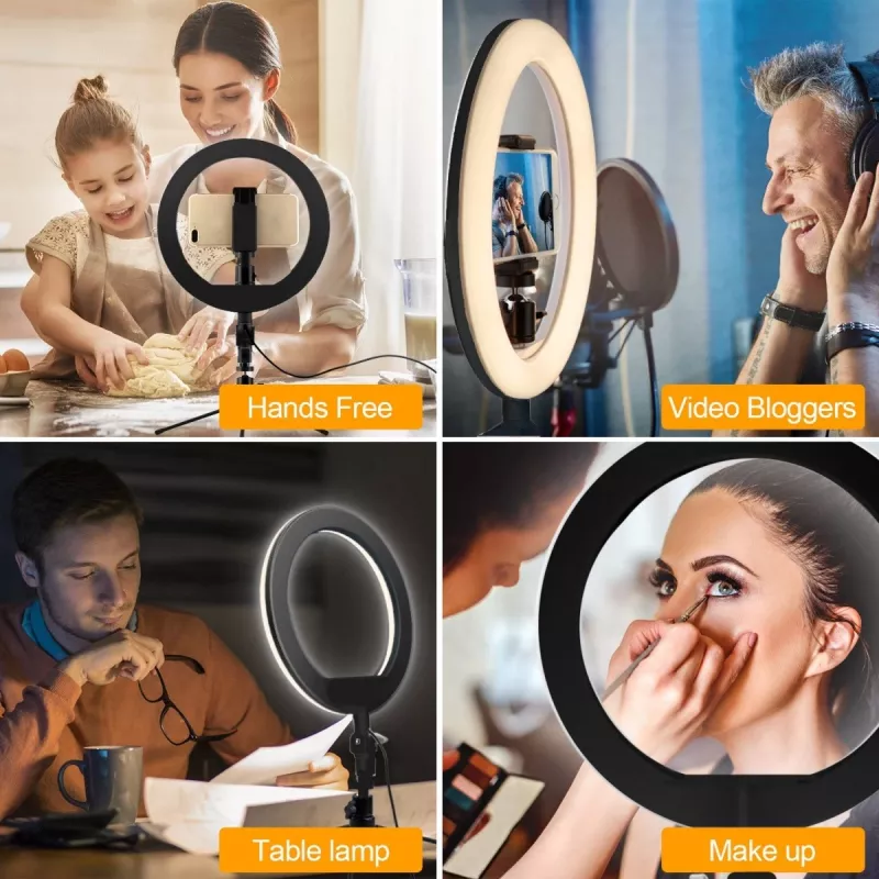 Maclean MCE610 10 12W anillo de luz LED con trípode y disparador Bluetooth, 3 colores, 10 niveles de brillo, brillo ajustable del 10% al 100%, 160 LED, soporte para smartphone, luz de iluminación