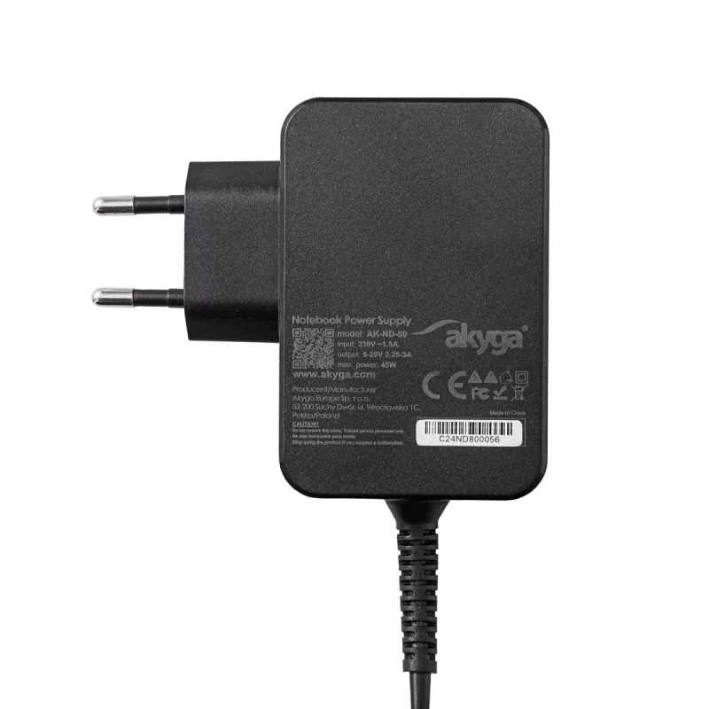 Fuente de alimentación para portátil USB-C GaN Akyga AK-ND-81 65 W, PD 3.0, 5–20 V, cable de 1,8 m, negro