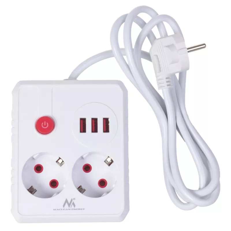 Regleta MACLEAN MCE387 W — 2 tomas de corriente, 3×USB A, 110–240 V, 2500 W, cable de 1,5 m, blanca