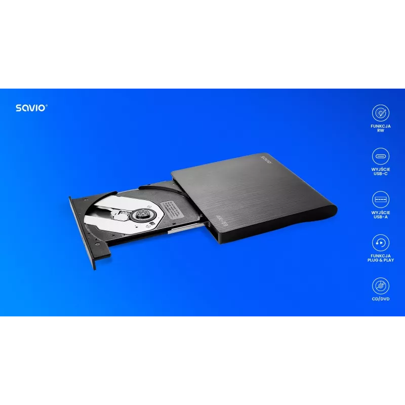 Grabadora externa de CD/DVD delgada SAVIO AK-59 R/RW - USB-C/USB-A, negra