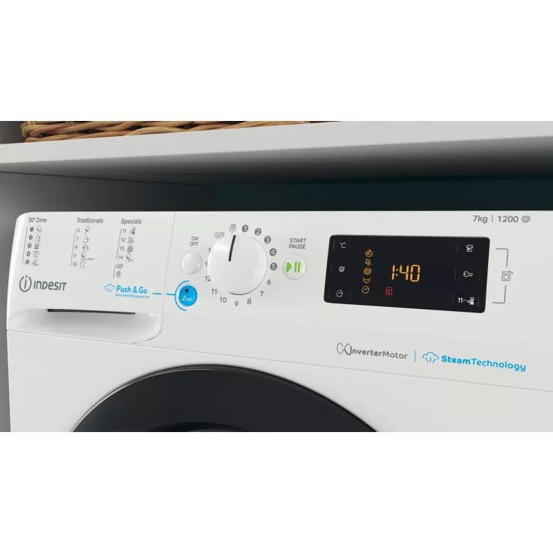 INDESIT | Lavadora | BWSE 71295X WBV EU | Clase de eficiencia energética B | Carga frontal | Capacidad de lavado 7 kg | 1200 rpm | Fondo 43,5 cm | Ancho 59,5 cm | Pantalla | Gran esfera