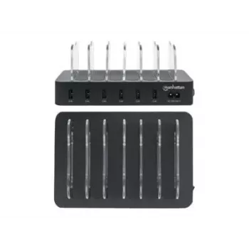 Estación de carga Manhattan, 6 puertos USB-A, salidas: 6x 2,4 A, Smart IC, luces indicadoras LED, negro, tres años de garantía