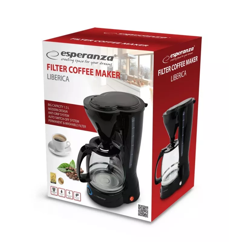 Cafetera de filtro ESPERANZA EKC009, depósito de agua 1,5 l, 800 W, para encimera, negra