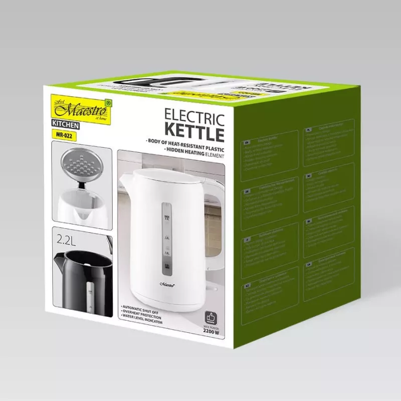Hervidor de agua eléctrico Maestro MR-022-WHITE, 2,2 L, 1850–2200 W, carcasa de plástico, base 360°, filtro antical, indicador de nivel de agua