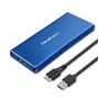 Carcasa SSD QOLTEC 51832 — externa M.2 SATA, USB 3.0, hasta 2 TB, azul, compatible con unidades de 30 mm, 4 ranuras