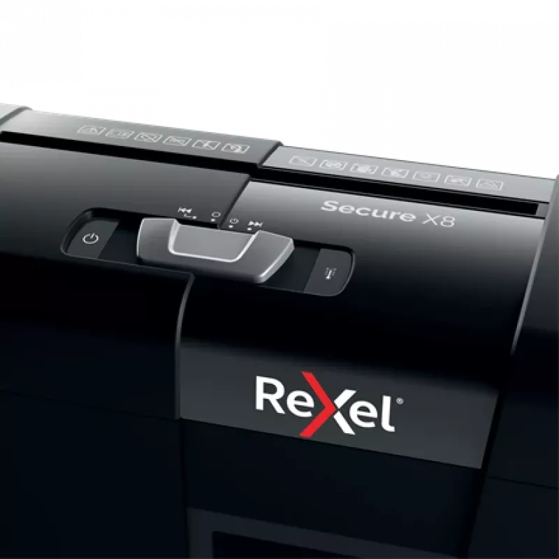 Destructora de papel REXEL Secure X8 — corte cruzado P-4, 4x40 mm, capacidad 8 hojas, depósito 14 l, negra