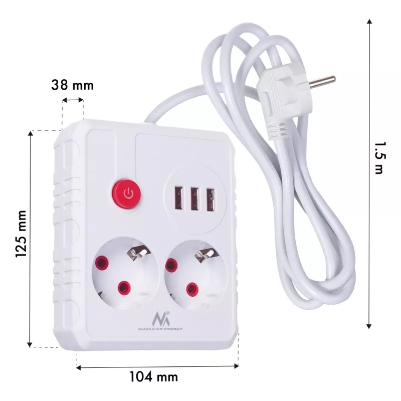 Regleta MACLEAN MCE387 W — 2 tomas de corriente, 3×USB A, 110–240 V, 2500 W, cable de 1,5 m, blanca