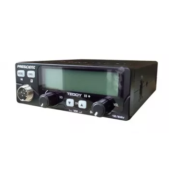 Emisora de CB President Teddy II+ — 40 canales, 4 W de potencia de transmisión, 12/24 V, filtro de interferencias, 125×125×45 mm