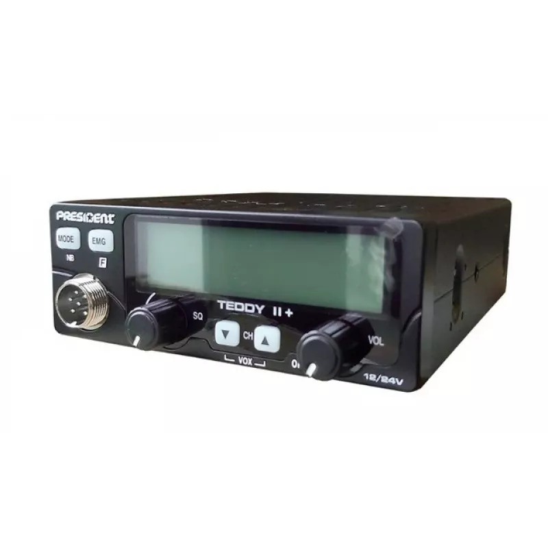 Emisora de CB President Teddy II+ — 40 canales, 4 W de potencia de transmisión, 12/24 V, filtro de interferencias, 125×125×45 mm