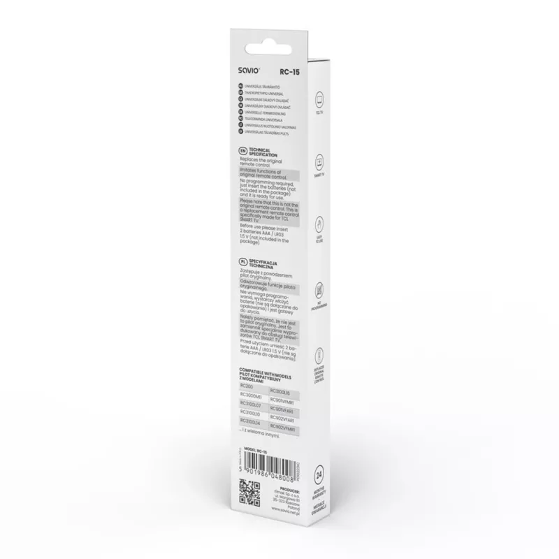 Mando a distancia universal SAVIO RC-15 para TCL SMART TV, IR inalámbrico, negro, alcance 10 m