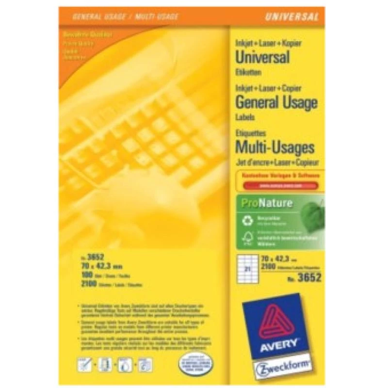 Avery - Etiquetas - Blanco - 42,3 x 70 mm, 2100 etiquetas (100 hojas x 21) (3652)