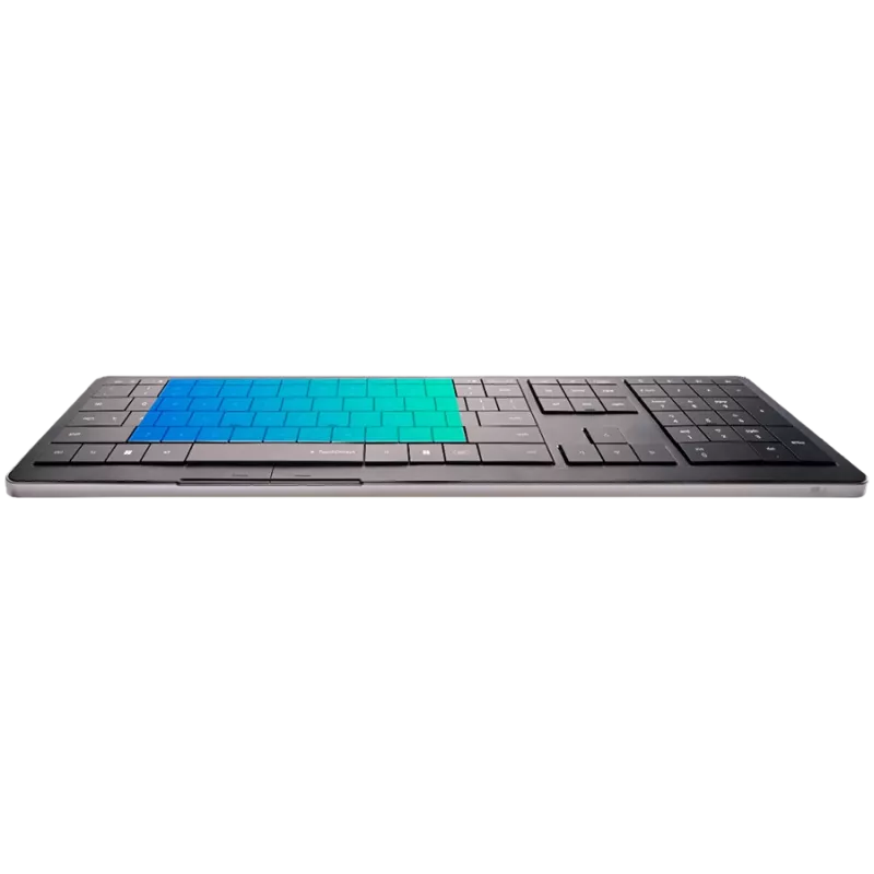 Teclado inalámbrico CLEVETURA CLVX 1 Touch-On-Keys AI, distribución ANSI US Windows, interruptores de tijera, carcasa de aluminio, RGB interactivo