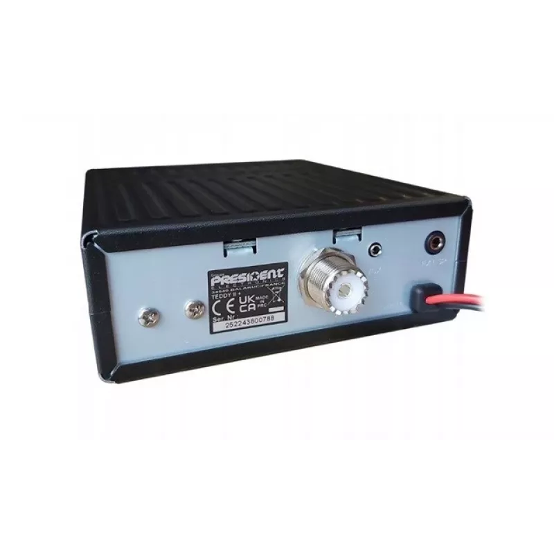 Emisora de CB President Teddy II+ — 40 canales, 4 W de potencia de transmisión, 12/24 V, filtro de interferencias, 125×125×45 mm