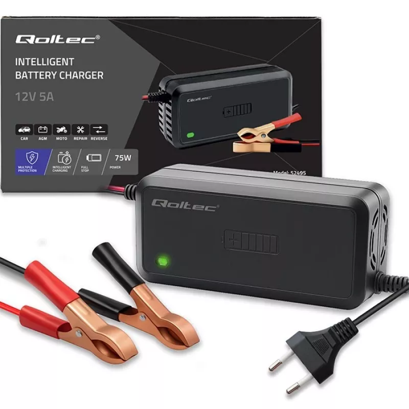 Cargador de baterías QOLTEC 12V 5A rectificador para baterías AGM/GEL